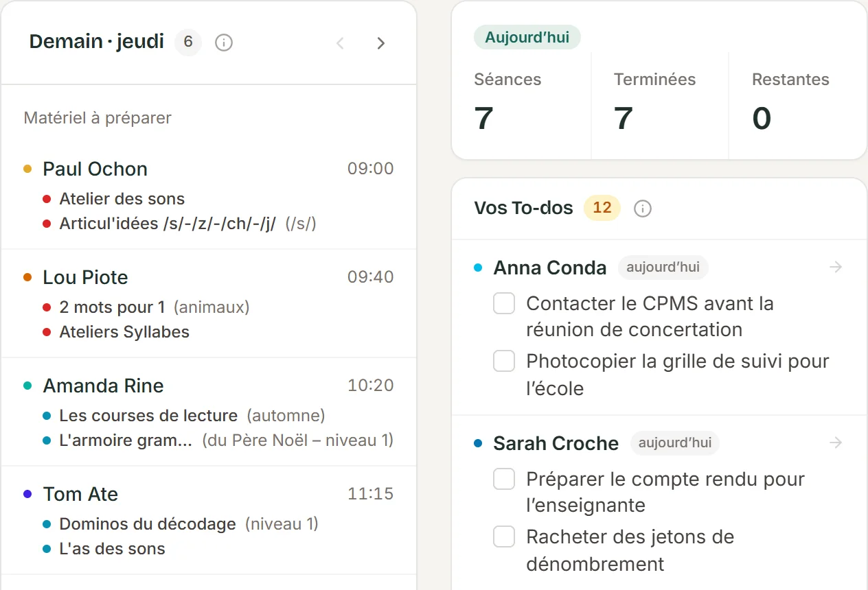 Un extrait de l’accueil de SuiviLogo : la colonne « Demain · jeudi » avec le matériel à préparer pour chaque patient, les compteurs du jour (séances, terminées, restantes) et la liste « Vos To-dos » groupée par patient.