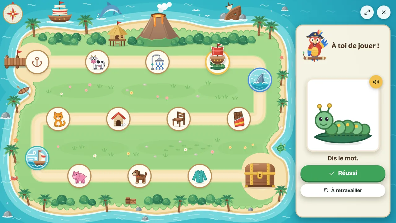 L’île au trésor : un plateau de jeu de l’oie, un mot à dire, et les boutons « Réussi » et « À retravailler »