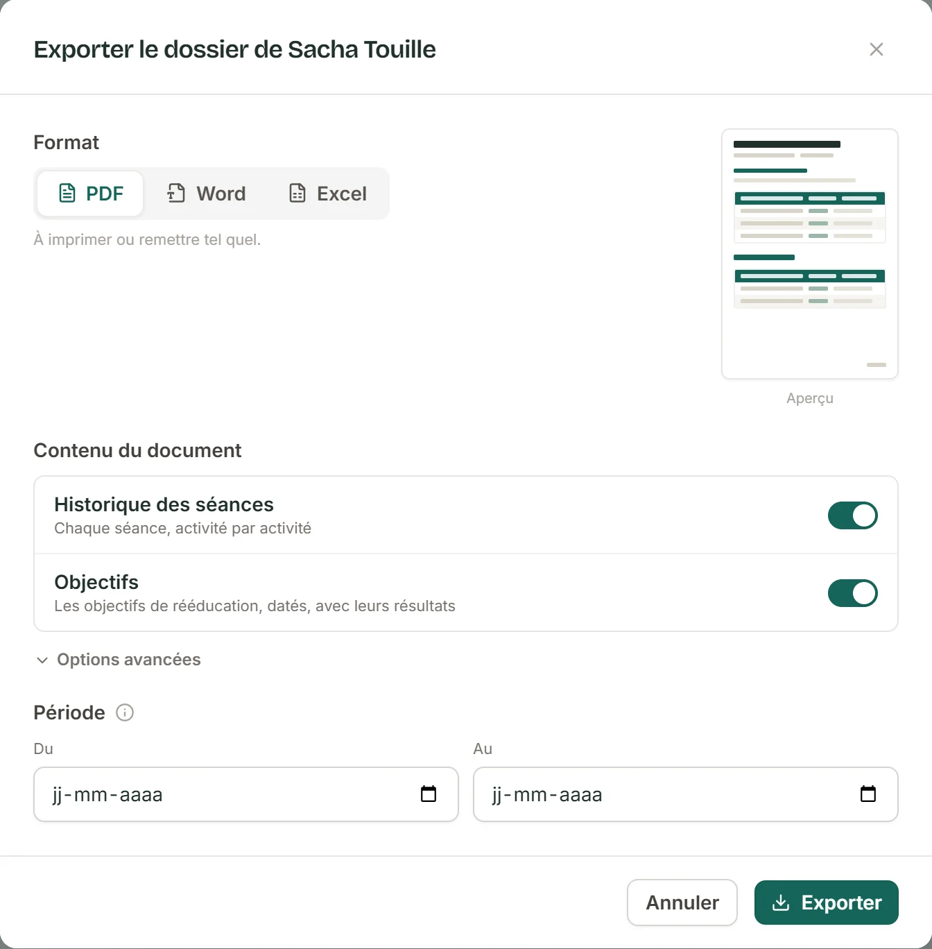 La vraie fenêtre d’export de SuiviLogo : le choix du format PDF, Word ou Excel, l’aperçu du document, les contenus à inclure et la période.