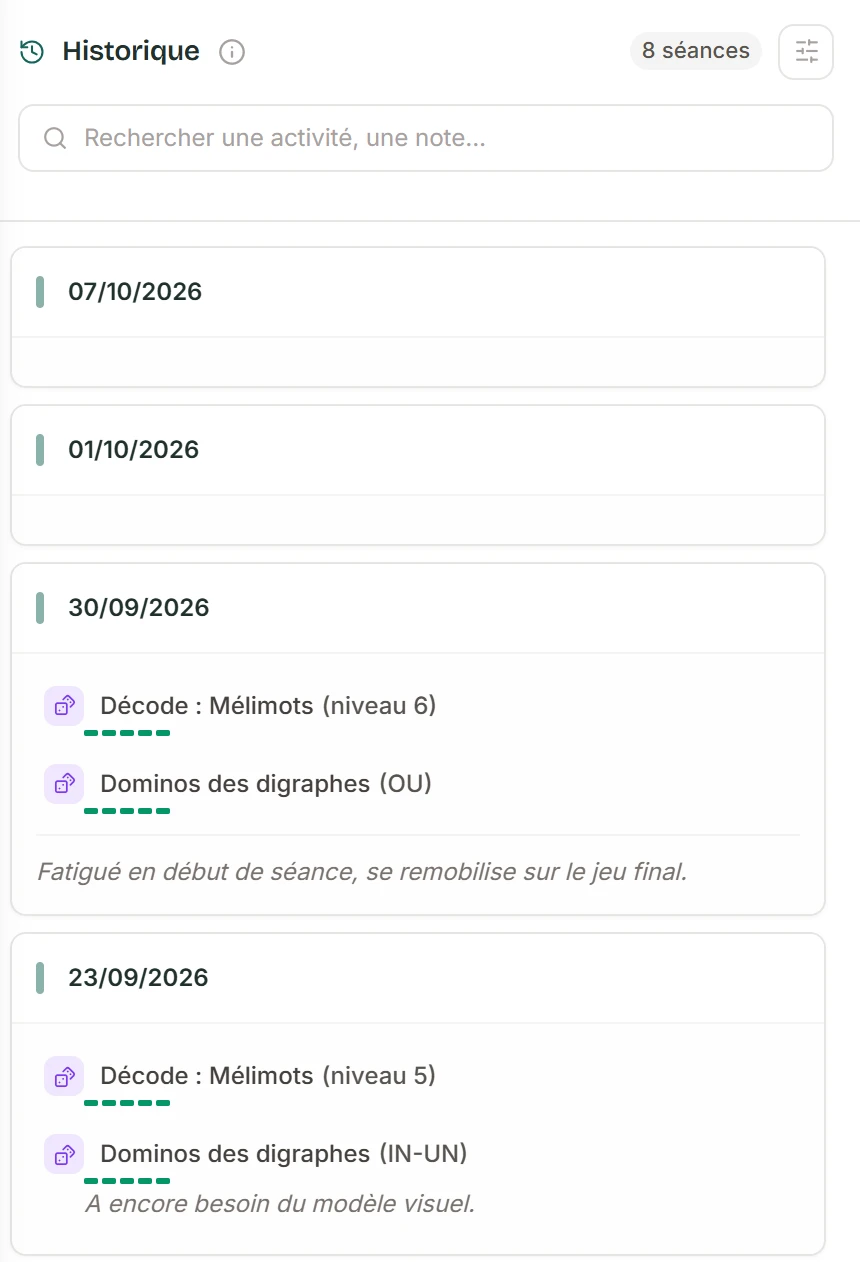 L’historique de Sacha Touille dans SuiviLogo : la recherche, puis les séances clôturées par date, chacune avec ses activités, leur réussite en petits traits et les commentaires.