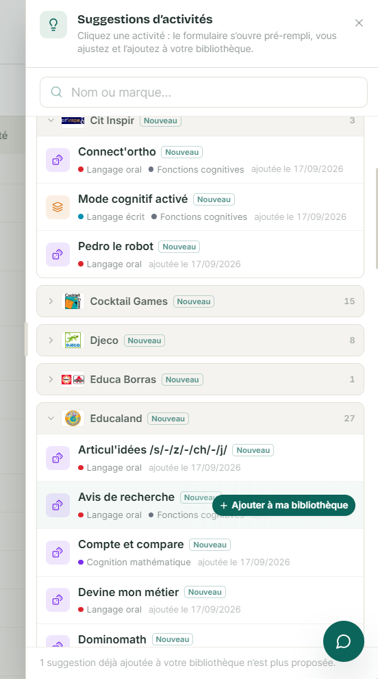 Le volet « Suggestions d’activités » de SuiviLogo : les jeux du catalogue classés par éditeur (Cit Inspir, Cocktail Games, Djeco, Educaland…), avec leur type, leurs catégories et un bouton « Ajouter à ma bibliothèque ».