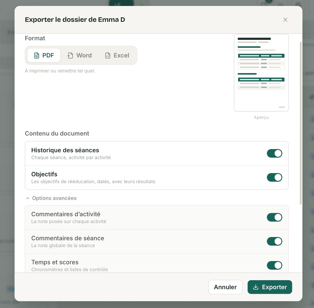 La fenêtre d’export du dossier d’un patient dans SuiviLogo : le choix du format PDF, Word ou Excel avec un aperçu du document, et les contenus à inclure — historique des séances, objectifs, commentaires, temps et scores.