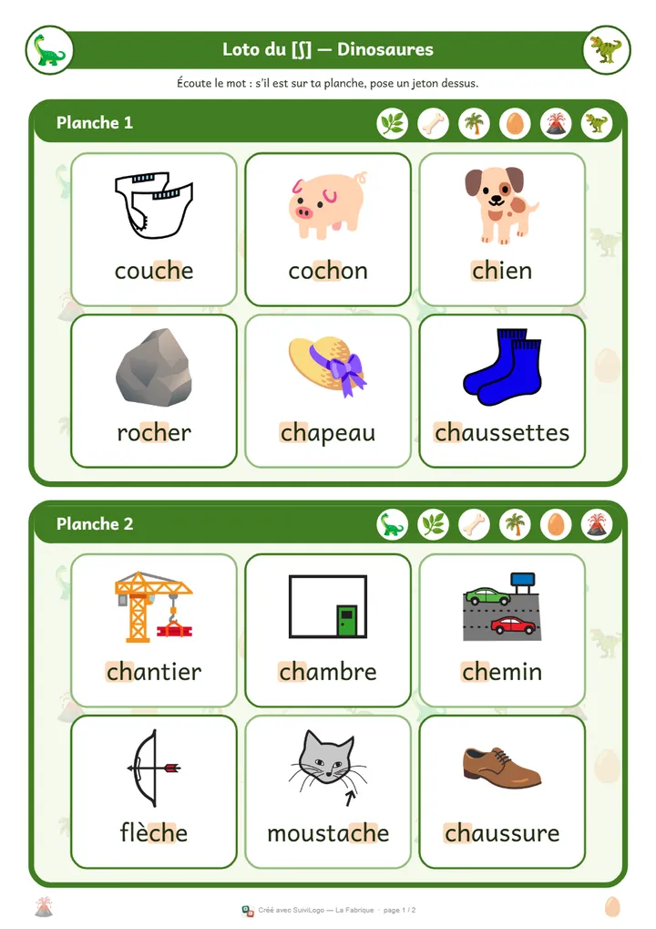 Un loto du phonème [ʃ], univers dinosaures