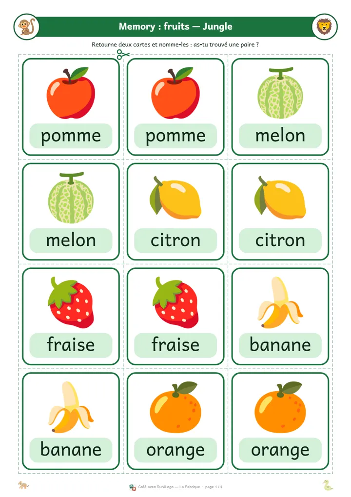 Un memory des fruits, univers jungle