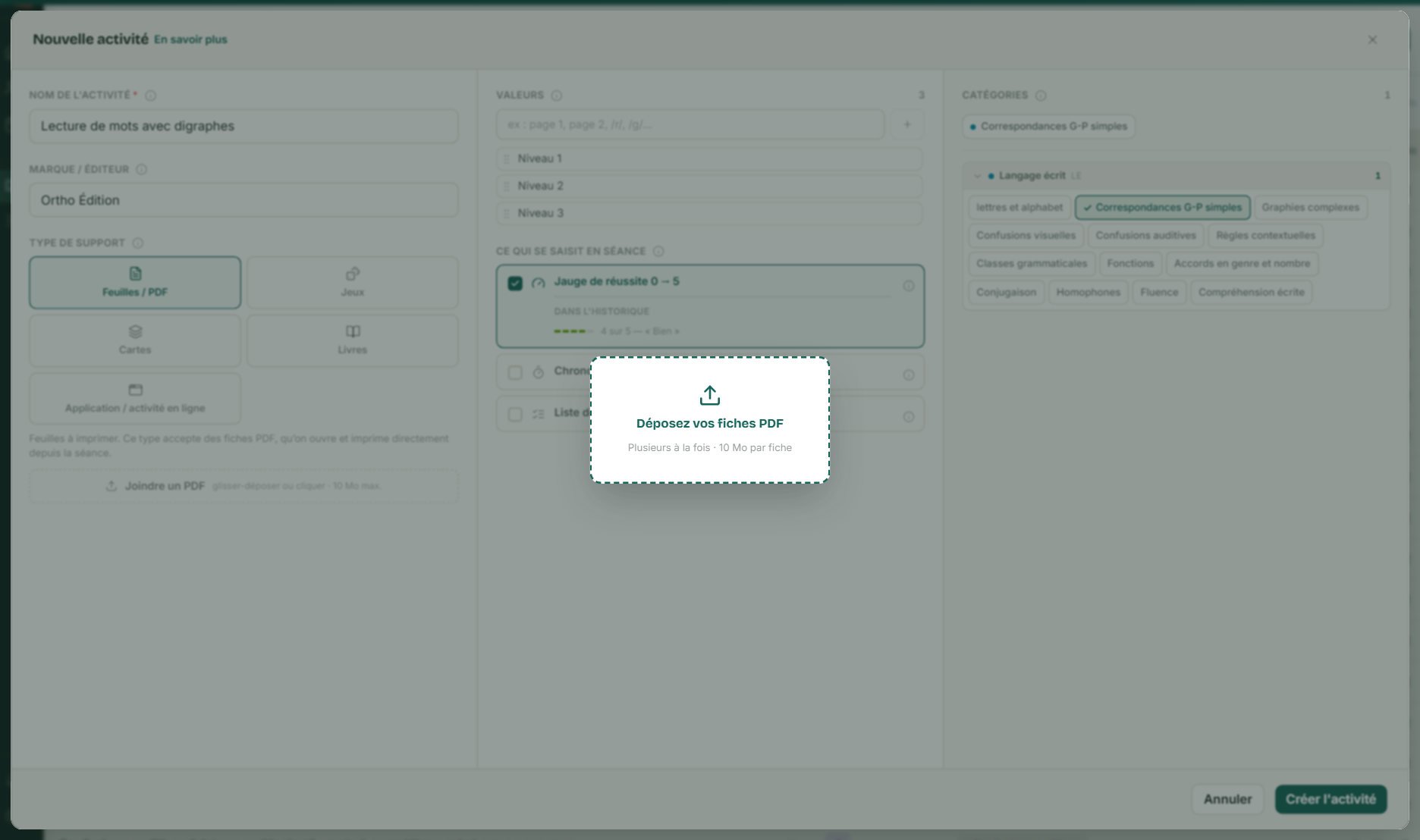 La création d’une activité dans SuiviLogo : son nom, sa marque, son type de support, et la zone où glisser les fiches PDF qui l’accompagnent.